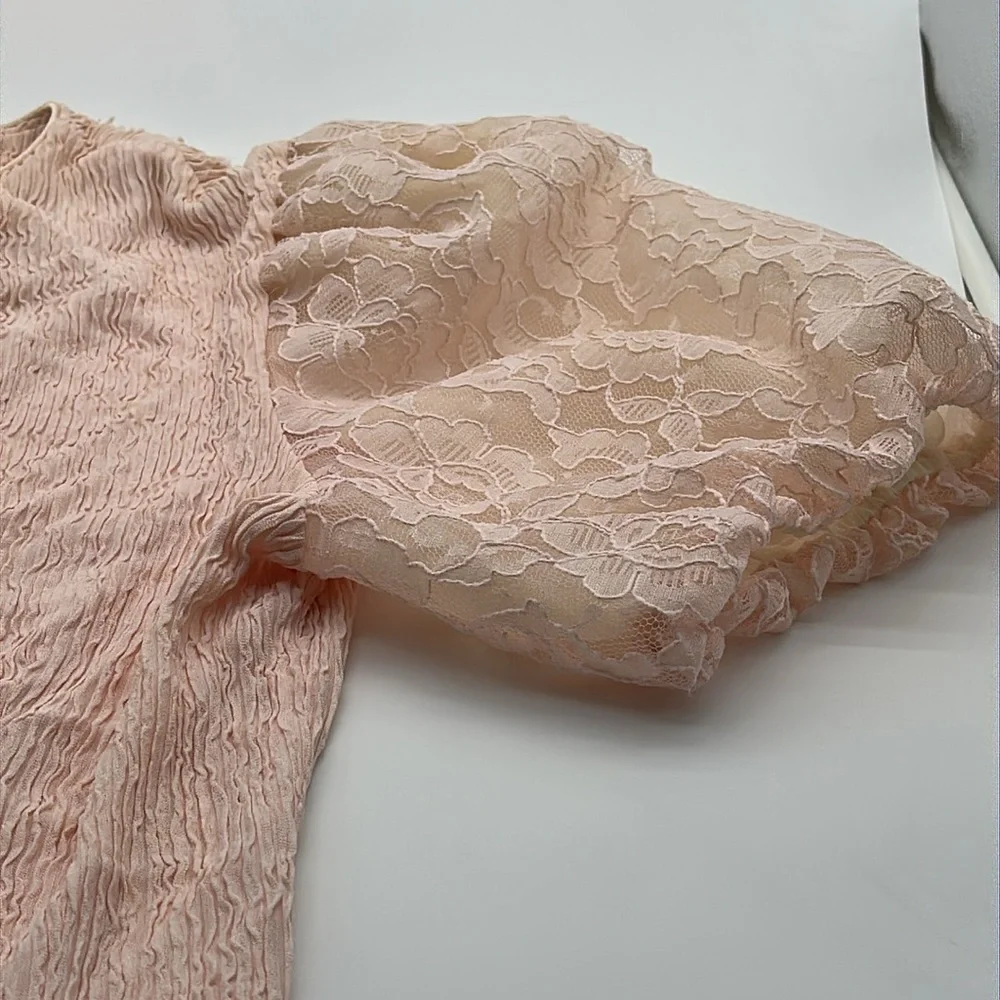 Vintage 80’s Elegant Pink Lace women’s Dress size 16 Lacey puffy sleeves (A-84) - Picture 7 of 10